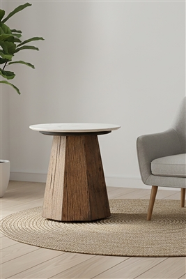 Wood Side Table with Marble Top H 19.5" & Dia 17.8" - Wood Natural/ White - Imagen 6