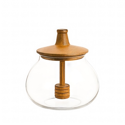 Glass & Wood Honey Jar - Clear / Natural - Clear / Natural