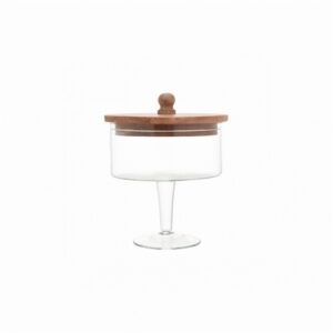 Sm. Pedestal Glass Jar with Wood Top - Clear / Natural - Clear / Natural