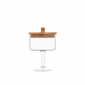 Med. Pedestal Glass Jar with Wood Top - Clear / Natural - Clear / Natural