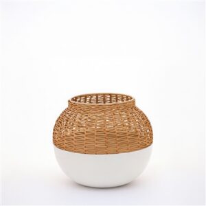 Iron & Cane Vase Dia 8” - White - A - White