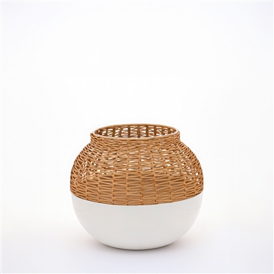 Iron & Cane Vase Dia 8” - White - A - White