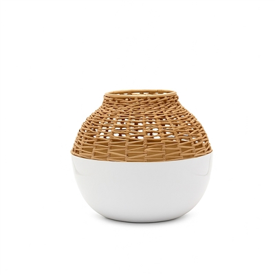 Iron & Cane Vase Dia 8” - White - A - White - Imagen 2