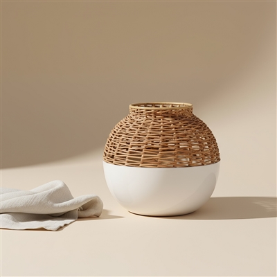 Iron & Cane Vase Dia 8” - White - A - White - Imagen 3