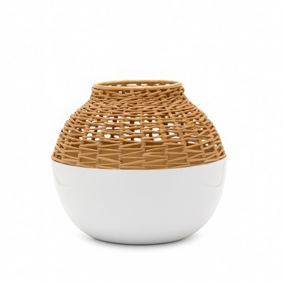 Iron & Cane Vase Dia 10” - White -A - White
