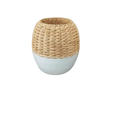 Iron & Cane Vase White Dia 8” - White -A - White