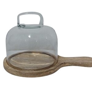 Cake Cover Glass & Mango Wood H 6.3" & Dia 7.9" -ST - Clear