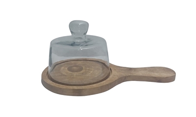 Cake Cover Glass & Mango Wood H 5.1" & Dia 6.3" -ST - Clear