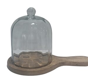 Cake Cover Glass & Mango Wood H 7.5" & Dia 6.7" -ST - Clear