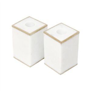Set of 2 White Marble Taper Candle Holders w/ Brass Edges-A - White/Gold