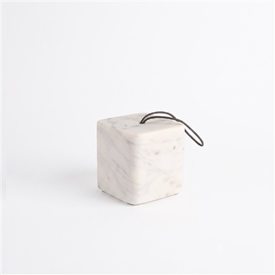 White Marble Door Stopper w/ Leather Handle - White/Tanned - Imagen 3