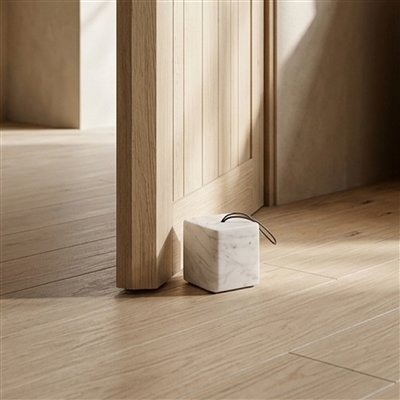 White Marble Door Stopper w/ Leather Handle - White/Tanned - Imagen 4