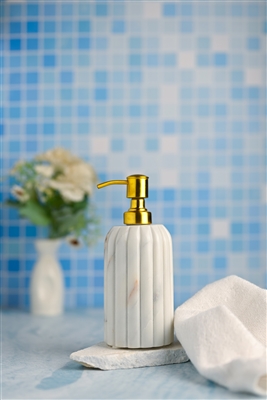 White Marble Soap Dispenser w/ Grooving - White/Gold - Imagen 2