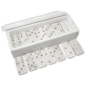 White Marble Dominoes Set W/Brass Dots Inlay - White / Gold