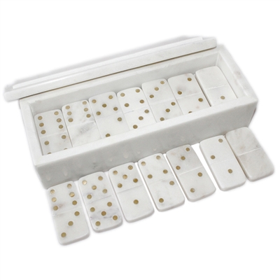 White Marble Dominoes Set W/Brass Dots Inlay - White / Gold