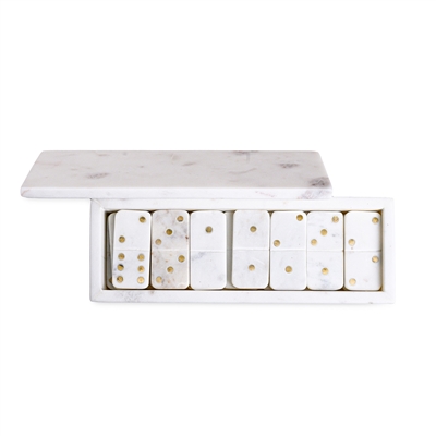 White Marble Dominoes Set W/Brass Dots Inlay - White / Gold - Imagen 3