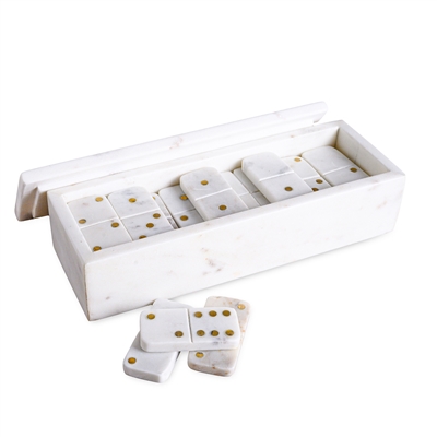 White Marble Dominoes Set W/Brass Dots Inlay - White / Gold - Imagen 4