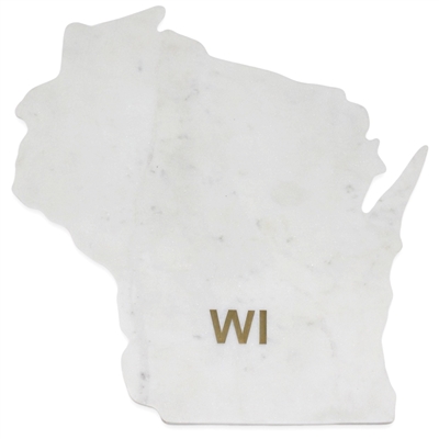 Lg Polished Marble "Wisconsin" Cutting Board w/brass state abbreviation- A - White