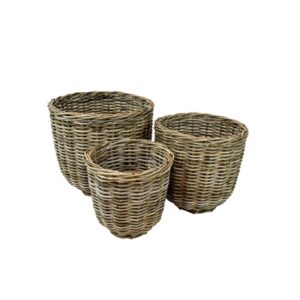 Set of 3 Grey Round Rattan Baskets - Grey - Grey