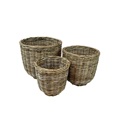 Set of 3 Grey Round Rattan Baskets - Grey - Grey