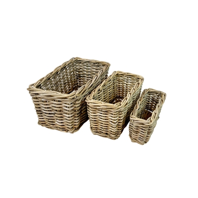 Set of 3 Grey Rectangle Rattan Baskets - Grey - Grey