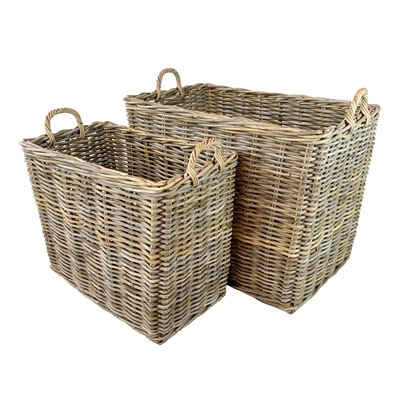 Set of 2 Grey Rectangle Rattan Baskets - Grey - Grey