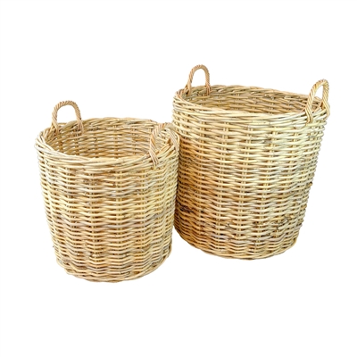 Set of 2 Natural Round Rattan Baskets w/ No Wheels - Beige