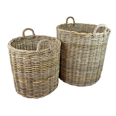 Set of 2 Grey Round Rattan Baskets - Grey - Grey