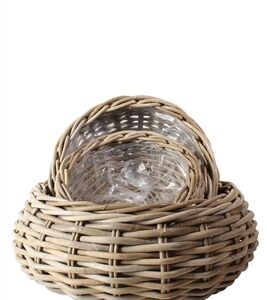 Set of 3 Rattan Round Flower Baskets with Plastic Liner - Natural - Natural