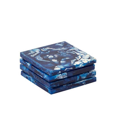 Set of 4 Square Blue Coasters Resin Dia 3.9” - Blue